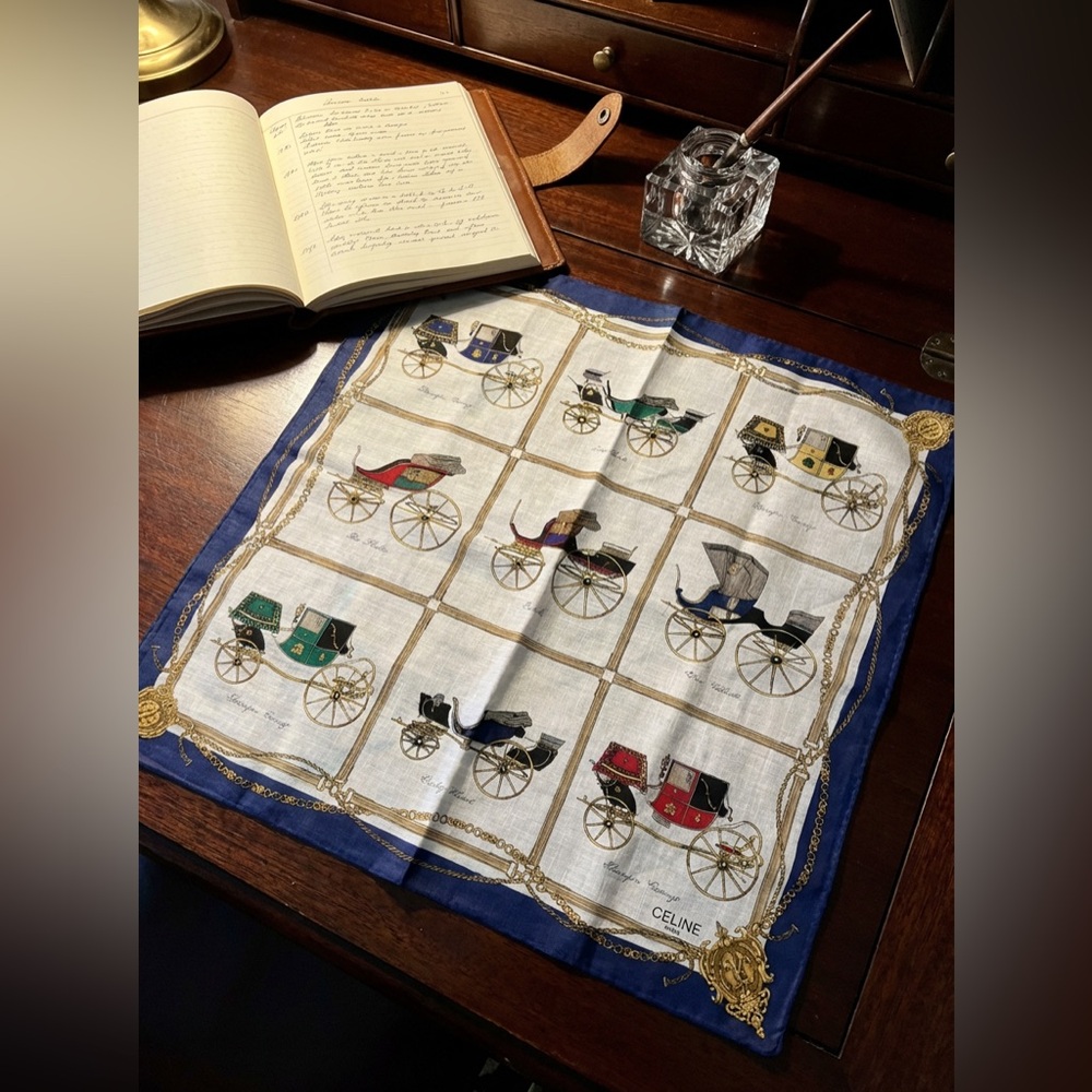 Celine Cotton Navy and Gold Equestrian Carriage Scarf 18”